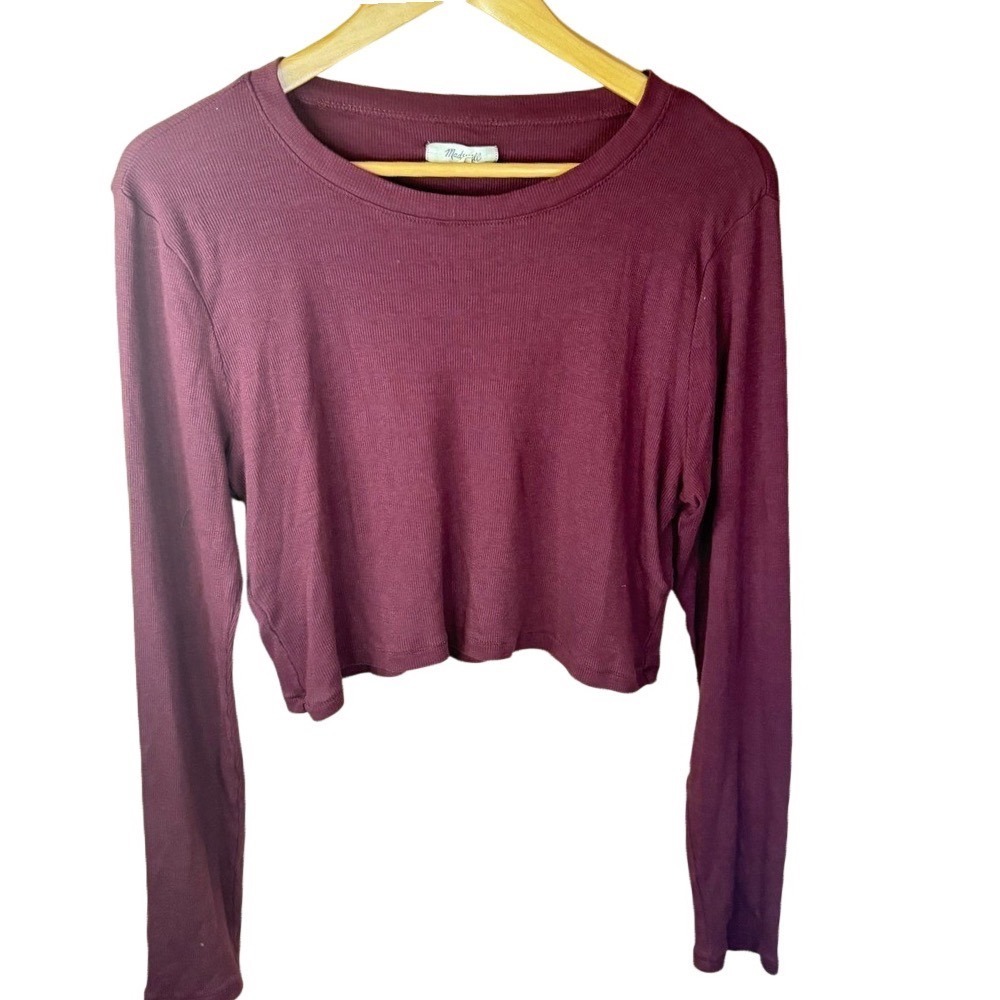 Madewell Womens XL Long Sleeve Cropped Ribbed Top Burgundy Coquette